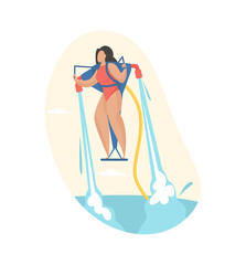 Girl takes off water pack. Fun extreme attraction with powerful water jets. Tourist in swimsuit soars happily on sea. Summer adventure in motion with jet pump. Vector flat illustration isolated