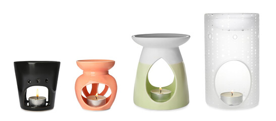 Set with different stylish aroma lamps on white background. Banner design