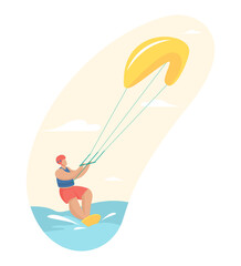 Fascinating kitesurfing. Male character in helmet board rushes through waves holding parachute. Extreme sports with adrenaline jumps. Fun outdoor freestyle. Vector flat illustration isolated
