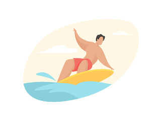 Surfer catches wave. Active rest with extreme water jumping. Guy on board deftly maneuvers between waves sea. Outdoor sports and tourist entertainment. Vector flat illustration isolated