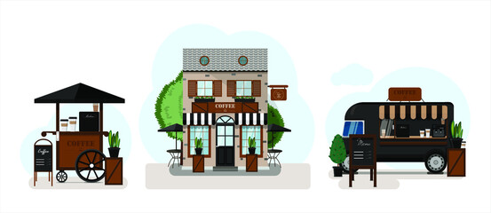 Coffee set. Coffee house exterior vector illustration. Flat design of facade. Street food truck with cooffee. Street cart selling coffee. Portable street stall with a canopy, billboard and coffee mach