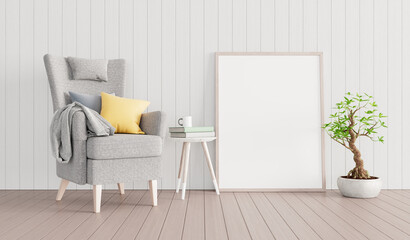 Living room interior design with grey armchair and ornamental green plant. Picture frame with copy space 3d render 3d illustration