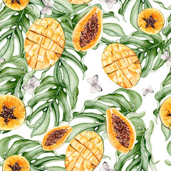 Beautiful watercolor tropical pattern with fruits papaya and mango, butterflies