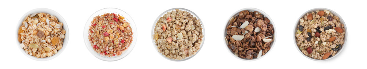 Set with different delicious granola in bowls on white background, top view. Banner design