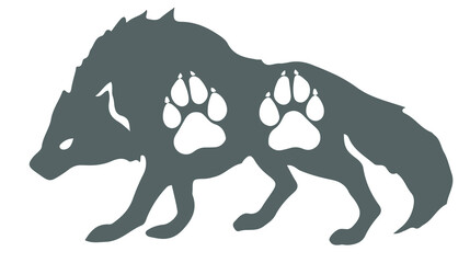 The contour image of a dark graphite wolf on a white background with the placement of paw prints with white claws on the body of a predator