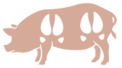 The contour image of a pale brown pig on a white background with the placement of white footprints on the animal's body