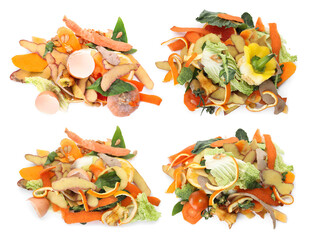 Set with organic waste for composting on white background