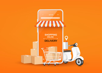 Shopping cart, parcel boxes, and Motorcycles or scooters like next to the smartphone store and all object on orange background for shopping online and delivery concept,vector 3d isolated