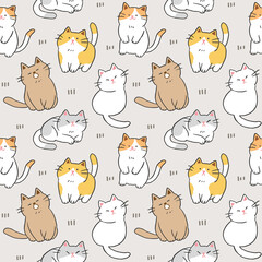 Seamless Pattern with Cute Cartoon Cat Illustration Design on Light Grey Background