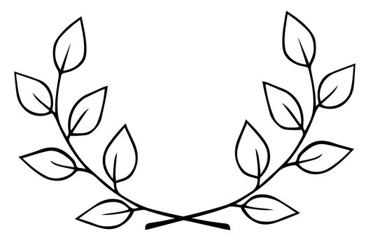 Two intersecting twigs with leaves. Hand drawn laurel wreath doodle black outline. Design element divider for postcard business card invitation. Stock vector illustration isolated on white background.