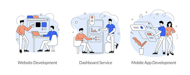 IT business company abstract concept. Website development. Dashboard service. Mobile app development. Linear flat vector illustration set