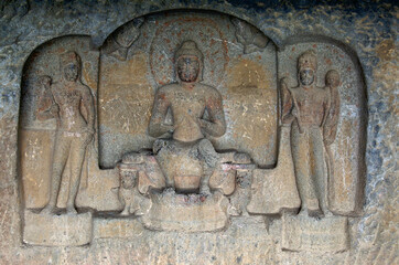 Buddha statue inside of Pandav Leni The Buddha Caves at Nashik, Maharashtra, India. This group of 24 caves located near Nashik.