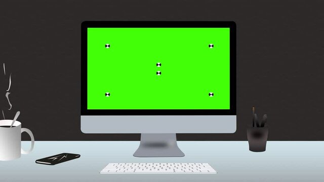 ordinateur, &eacute;cran vert, fond, isol&eacute;e, bleu, blanc noir, orange, bureau, bisness, corporatif, travaille, t&eacute;l&eacute;travaille, travail, regarder, traveling, avancer, zoom, anim&eacute;, dessin, motion d&eacute;signe, beau 