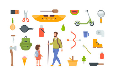 Camping and hiking elements. Tourist equipment and travel accessories for outdoor adventure. Flat vector objects on white background. Kayak, backpack, axe, thermos, boots, basket