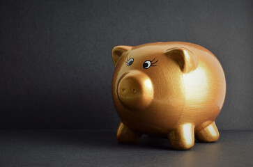 Gold colored piggy bank on black background, copy space.
Savings concept.