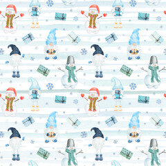 Watercolor Christmas pattern with snowman, scandinavian gnomes, giftes and snowflakes on striped background.