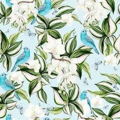 Beautiful watercolor card with orchid flowers, leaves and blue bird