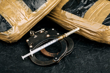 Heroin in a syringe on the dark cement floor. An addictive substance, a drug, an illegal thing, the...