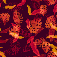 Obraz premium Purple Monstera Design. Yellow Banana Garden. Pink Tropical Garden. Orange Seamless Texture. Autumn Pattern Plant. Violet Watercolor Monstera. Botanical Garden.