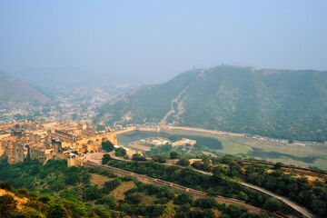 Fototapeta na wymiar View of Amer Amber fort and Maota lake, Rajasthan, India