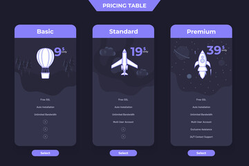 3 Plan Pricing Table Template Design, Dark Theme Illustration