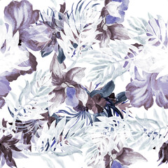 Gray Watercolor Palm. Navy Flower Painting. Cobalt Seamless Wallpaper. Indigo Pattern Background. Azure Tropical Design. Blue Isolated Decor. Fashion Palm.
