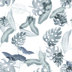 White Seamless Background. Gray Watercolor Jungle. Black Pattern Jungle. Tropical Palm Floral Set. Summer Background Nature Plant. Blue Vintage Foliage.