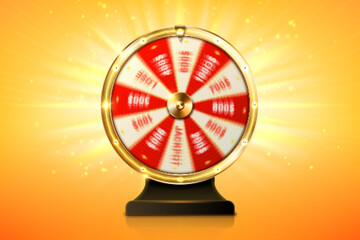 Fortune wheel spin, casino lucky roulette game of chance with money prizes, lose and jackpot win sectors. Gambling lottery or raffle online entertainment, amusement, Realistic 3d vector illustration