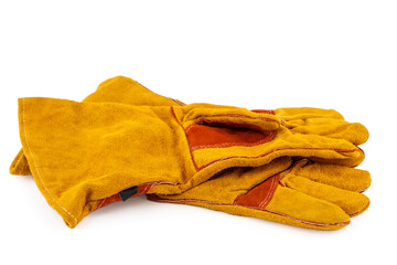 Leather gloves for welders, insulated on a white background. Welder's accessories