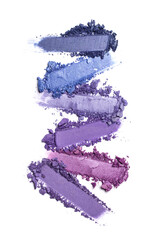 Close-up of make-up swatches. Smears of crushed purple and blue eye shadow