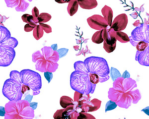 Purple Botanical Textile. Coral Orchid Textile. Pink Hibiscus Print. Flower Jungle. Watercolor Texture. Seamless Textile. Pattern Wallpaper. Art Plant.
