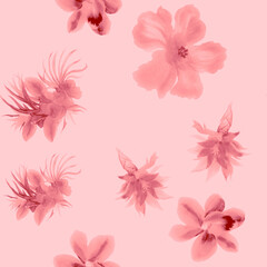 Fototapeta na wymiar Blur Watercolor Background. Scarlet Flower Leaves. Pink Seamless Foliage. Coral Hibiscus Leaf. Pattern Design. Tropical Illustration. Fashion Garden. Art Painting.