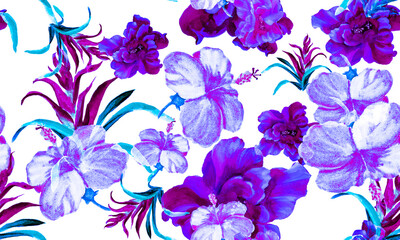 Indigo Hibiscus Wallpaper. Azure Flower Design. Blue Seamless Background. Violet Watercolor Foliage. Pattern Decor. Tropical Leaf. Exotic Jungle.Art Leaf
