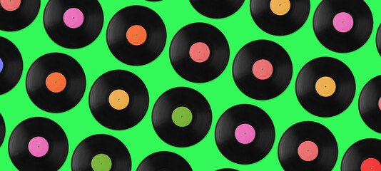 Set with vintage vinyl records on green background, top view. Banner design