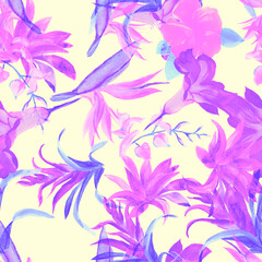 Pink Flower Design. Coral Summer Backdrop. Vanilla Seamless Palm. Watercolor Leaf. Pattern Foliage. Floral Plant. Exotic Design. Botanical Foliage.