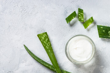 Aloe vera cosmetic. Face cream with natural aloe extract. Skincare product, anti-aging cosmetics.