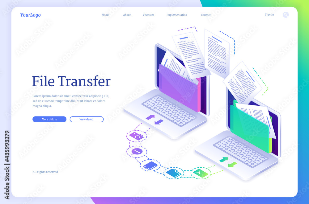 Wall mural file transfer isometric landing page, digital data migration between computers. transmission service
