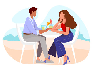 Young couple in love sitting at the table drink summer beverages. Happy man and woman spending time together in summer. Yoong people resting and enjoying on romantic date . Flat vector illustration 