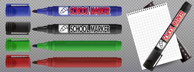 Realistic Colorful Markers. vector realistic illustration. Children and artist pencils 3D isolated cliparts pack. Kids vivid painting tools, various color palette. Office highlighters design elements