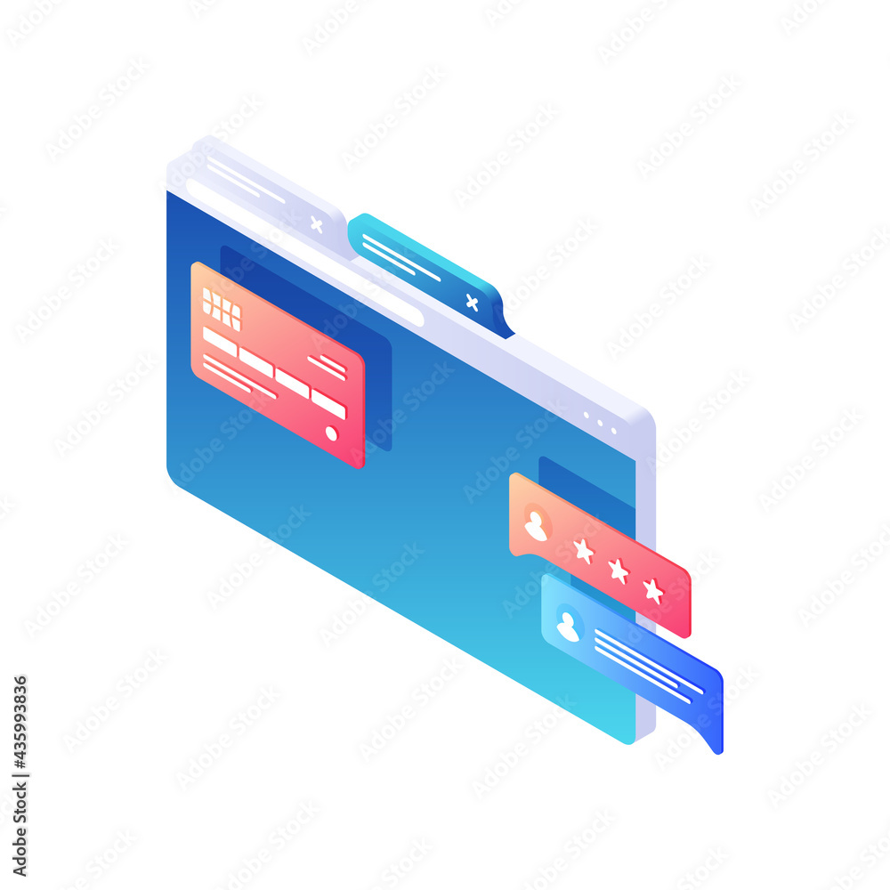 Poster payment and purchases in online application isometric illustration. viewing rating of web stores wit