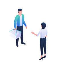 Courier delivery of orders isometric illustration. Male character stands with white box on handles and has conversation with woman. Services delivery high quality goods vector concept.