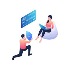 Protection of online payment applications isometric illustration. Female character with laptop pays purchases with blue credit card. Male operator checks web protection shield vector concept.