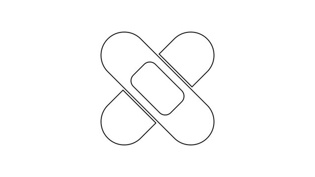 Black line Crossed bandage plaster icon isolated on white background. Medical plaster, adhesive bandage, flexible fabric bandage. 4K Video motion graphic animation