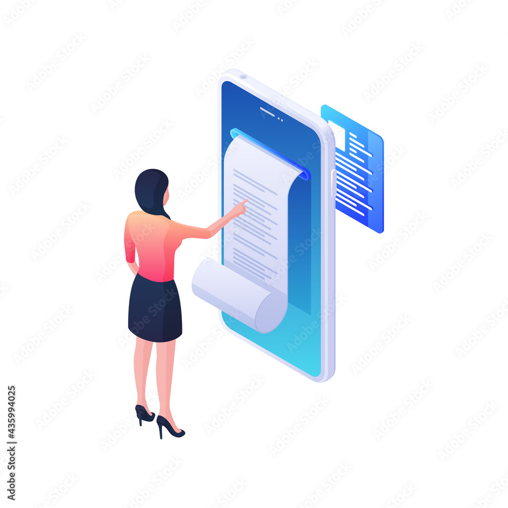Aufkleber online statement with document isometric illustration. female character analyzes sheet of web record