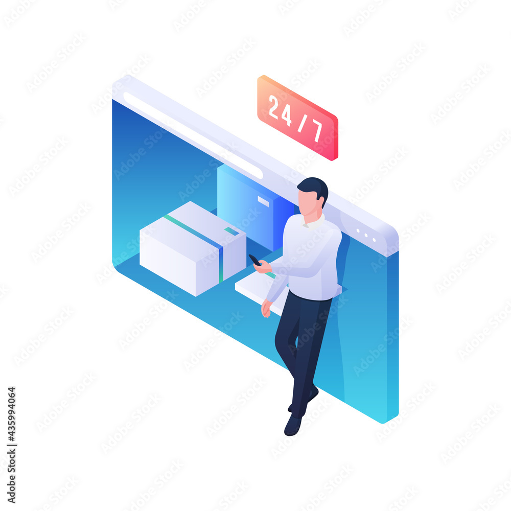 Poster 24 hour online mail service isometric illustration. male character checks ordered parcels in mobile 