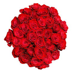 round bouquet of red roses over white background