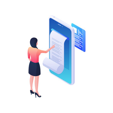 Online Statement With Document Isometric Illustration. Female Character Analyzes Sheet Of Web Records Received From Smartphone Application. Accounting And Financial Income Data Vector Concept.