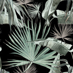 Green grey palm leaves watercolor on black background seamless pattern for all prints. Hand painted.
