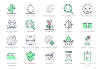 Cosmetic properties line icons. Vector illustration include icon - cream, collagen, anti aging effect, rosacea, wrinkle, outline pictogram for skincare product. Red and Green Color, Editable Stroke