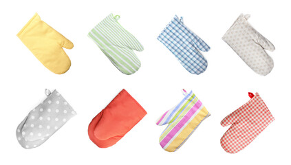 Set with different oven gloves on white background. Banner design